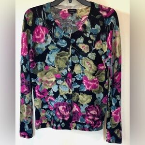 Talbots XS Merino Wool Floral Cardigan Sweater Multicolor Button Front